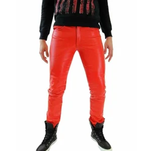 Men’s Red Fashionable Genuine Real Sheepskin Leather Pants, Outdoor Jogger Wear