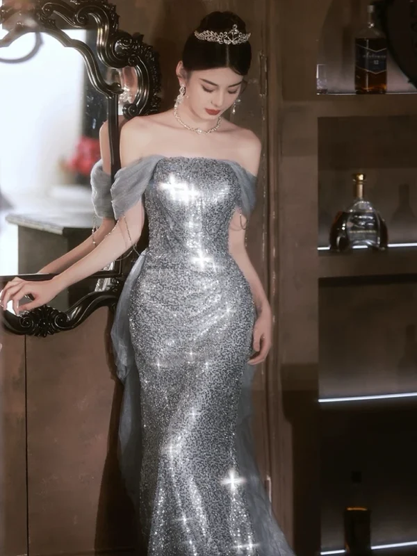 Gorgeous Silver Gray Cocktail Dress Boat Neck Off the Shoulder Lace-up Tassel Detachable Train Woman Celebrity Prom Gown - Image 3
