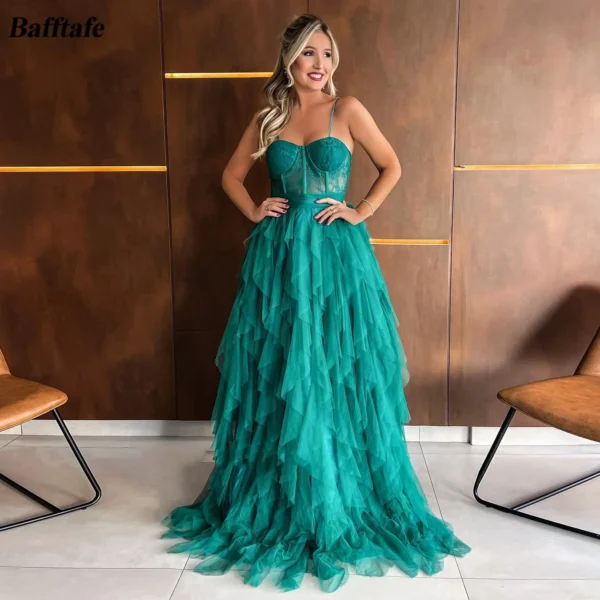Bafftafe Ruffles Tulle Long Prom Dresses Spaghetti Strap Lace Formal Party Bridesmaid Dress Customized Long Tiered Evening Gowns