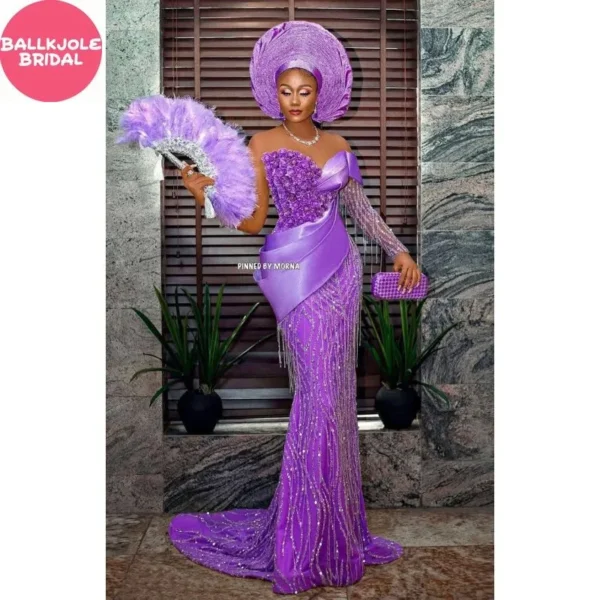 Luxury Beaded Aso Ebi Style Purple Mermaid Prom Dress with Appliques Evening Gown for Nigerian African Women Formal Party Wear - Image 4