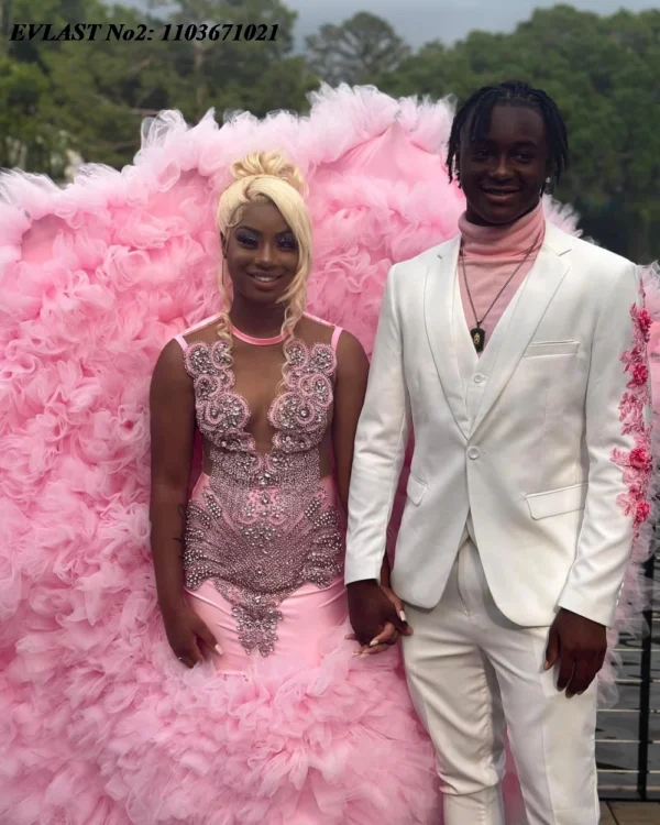 EVLAST Customized African Blush Pink Mermaid Prom Dress For Black Girls Crystal Beaded Ruffles Formal Party Evening Gown E2P85 - Image 5