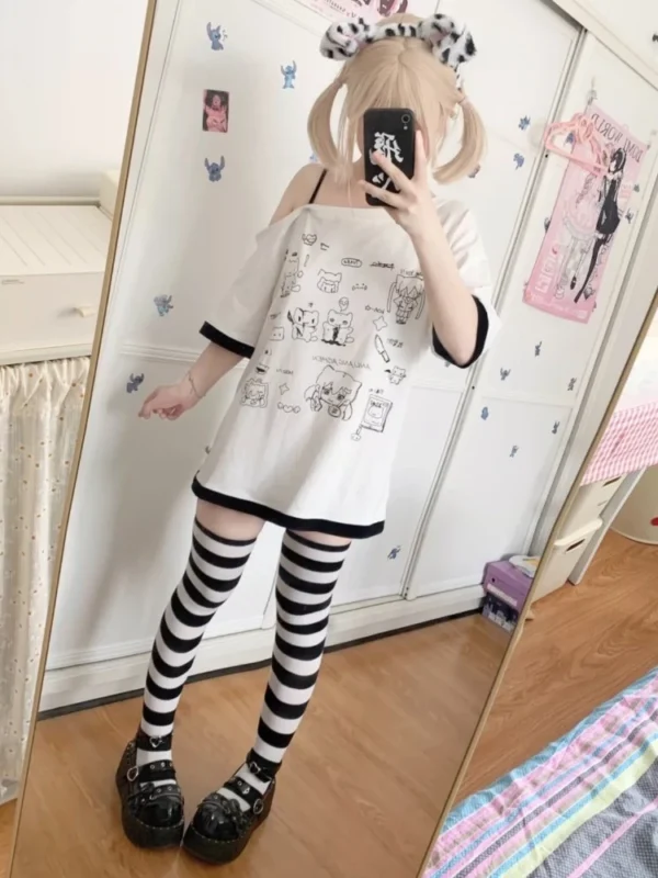 HOUZHOU Y2k Harajuku PatchworkT Shirts Women Japanese Style Kawaii Sweet Gothic Cartoon Print Loose Tees Tops Soft Gril 2024 - Image 3