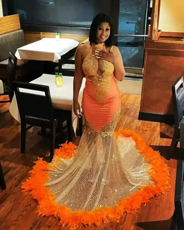 Orange Sparkly Prom Dresses 2025 Black Girl Luxury Mermaid Halter Gold Beads Feather Formal Evening Party Gala Gowns Graduation - Image 2