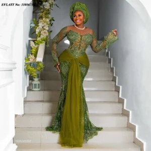 EVLAST Customized Asoebi Green Lace Evening Dress African Women Formal Long Sleeves Beaded Nigerian Party Dress Gala Gowns P174
