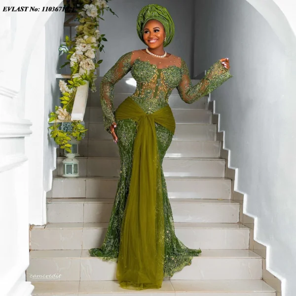 EVLAST Customized Asoebi Green Lace Evening Dress African Women Formal Long Sleeves Beaded Nigerian Party Dress Gala Gowns P174