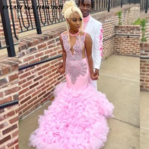 EVLAST Customized African Blush Pink Mermaid Prom Dress For Black Girls Crystal Beaded Ruffles Formal Party Evening Gown E2P85