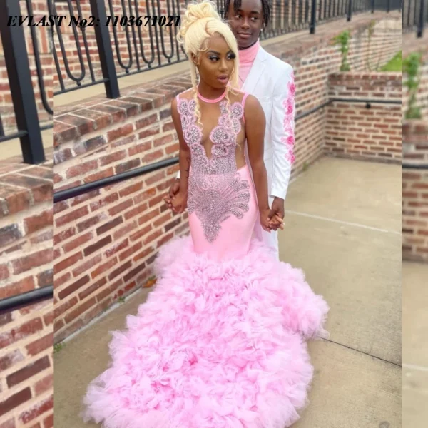 EVLAST Customized African Blush Pink Mermaid Prom Dress For Black Girls Crystal Beaded Ruffles Formal Party Evening Gown E2P85