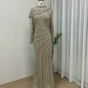 MYMB 2024 Luxury Beaded Long Sleeves Muslim Evening Gown for Wedding Party Dubai Modest High Neck Mermaid Formal Occasion Dress