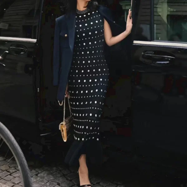 Diamond Decoration Women Sleeveless Knit Robe Black O-Neck Hem Ruffles Female Elegant Slim Midi Dress 2024 Early Autumn 5240265 - Image 2