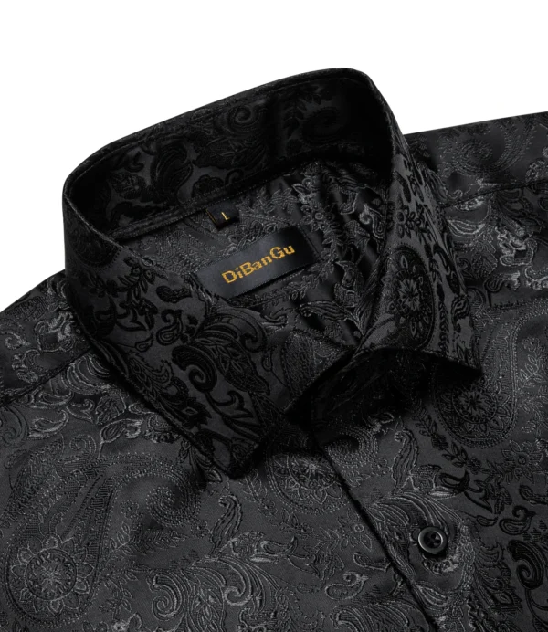 Men’s Long Sleeve Black Paisley Silk Dress Shirts Casual Tuxedo Social Shirt Luxury Designer Men Clothing - Image 3