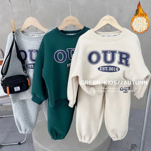 Spring Autumn Warm Boys Clothing Set Letter OUR Lined With Velvet Shirt+Pants 2Pcs Suit For Kids Children Outdoor Sports Suit - Image 5