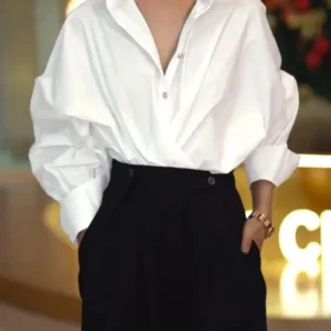 UOOZEE 2025 New Women Fashion Long Batwing Sleeves Solid Color Lapel Blouses Spring Autumn Casual Simple Office Shirts Tops