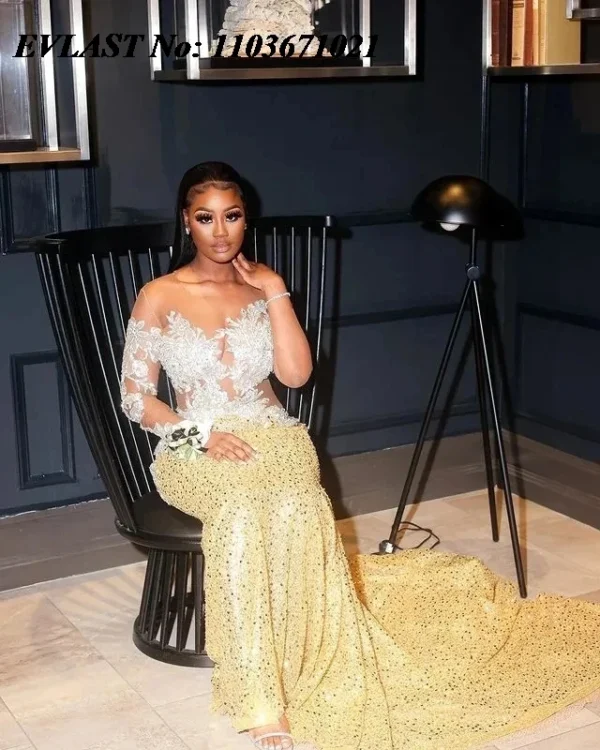 EVLAST Customized African Gold Mermaid Prom Dress Lace Beaded Aso Ebi Formal Party Gowns Wedding Reception Birthday Dress P162 - Image 2