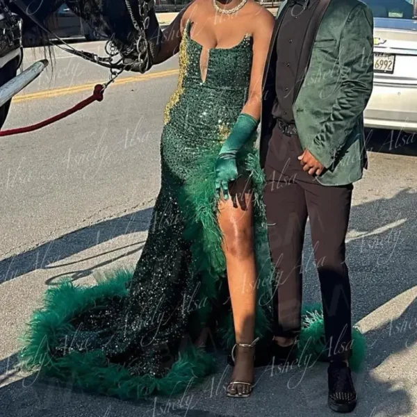 Customized Elegant Emerald Green Mermaid Evening Dress Women Sequin Feather Sexy Slit Party Occasion Dress Prom Formal Wear - Image 4