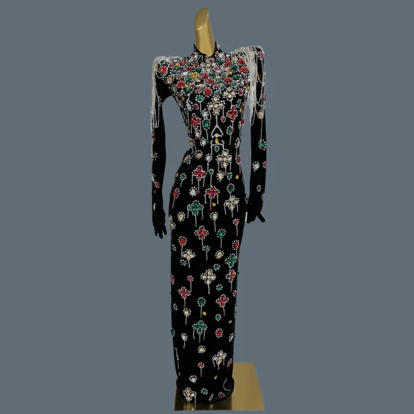 Luxury Colorful Rhinestones Prom Dress Gloves Sleeve Women Sexy Velvet Long Gowns Evening Birthday Party Costume Caihongtang
