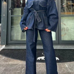 Spring Denim Belt Women Jacket Set Fashion Lace Up Single Breasted Lady Coat Sets 2025 High Waist Straight Female Pant Suit