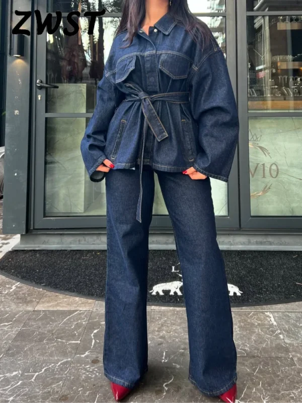 Spring Denim Belt Women Jacket Set Fashion Lace Up Single Breasted Lady Coat Sets 2025 High Waist Straight Female Pant Suit