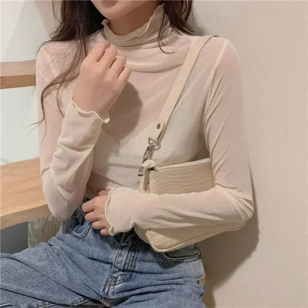 High Neck Sheer Mesh Top Women Clothing Long Sleeve Turtleneck T-shirt Korean Sexy See Through Black White Pink Purple Shirt New - Image 6