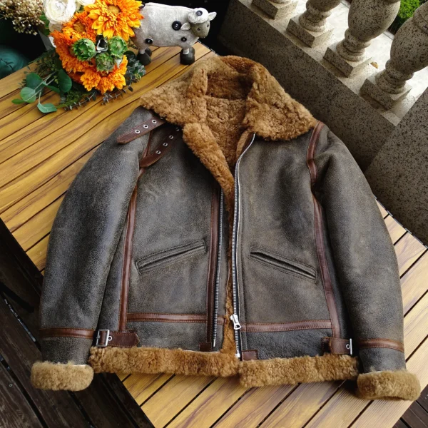 Men’s B3 Bomber Jacket, Sheepskin Slim Fit Military Style Winter Wear - Image 3