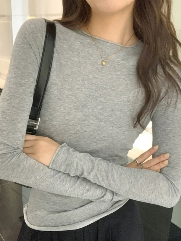 2024 Spring Autumn T-Shirt Women Tops Solid Slim Fit Long Sleeve O Neck Tshirts Female Casual Streetwear High Quality Base Tees - Image 2