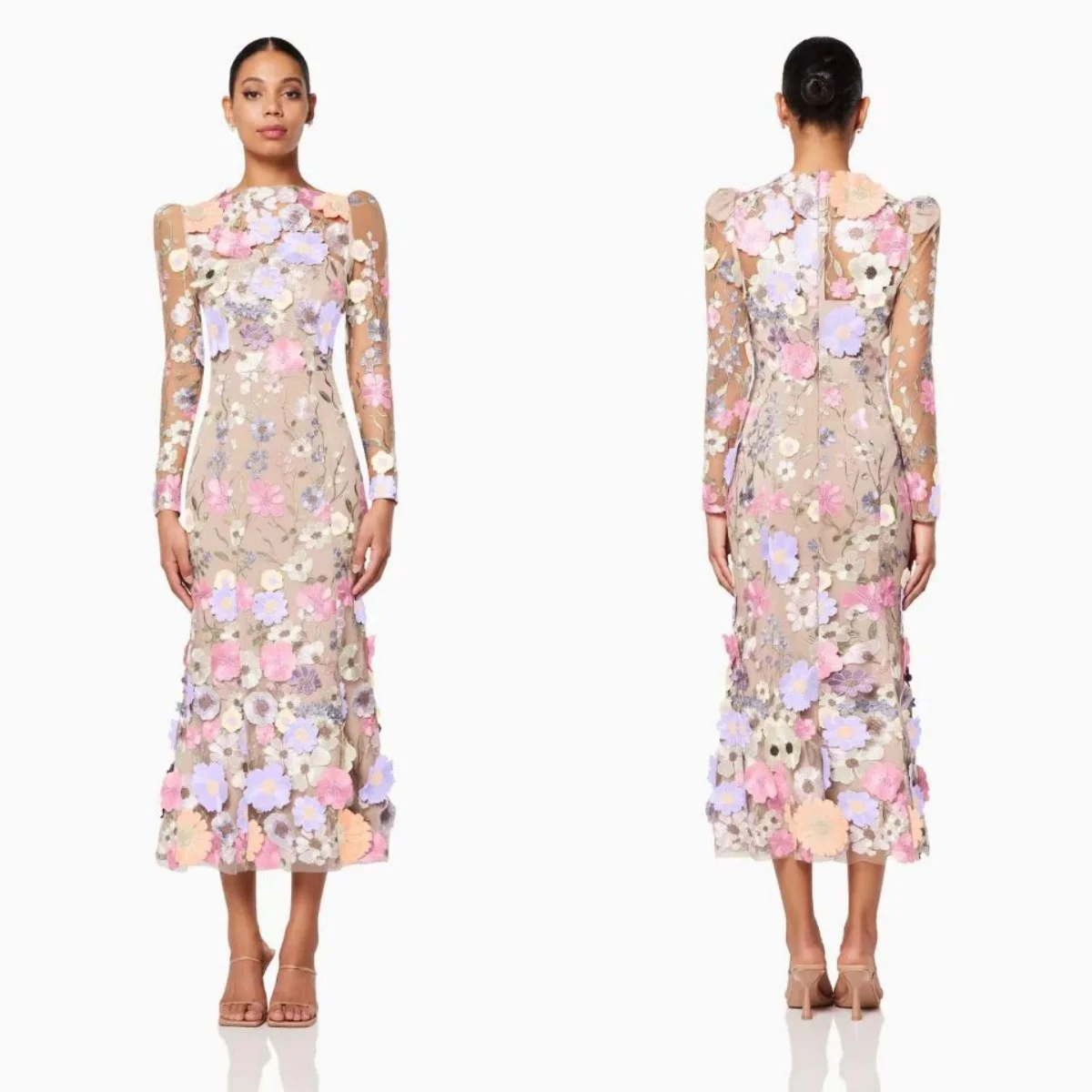 Floral Prom Dresses Colorful Lace Full Sleeves Party Dress Women Formal Wear Evening Gowns Vestido de Novia