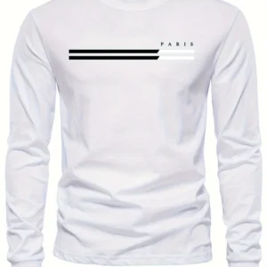 Men's Spring And Fall Fashion Casual Long-sleeved T-shirt Loose PARIS Letters Printed Pullover Round Neck Long Sleeve Sweatshirt