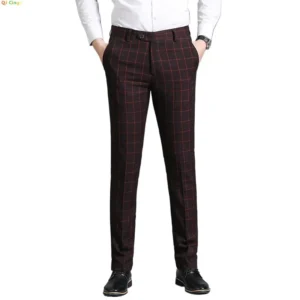 Burgundy Plaid Men's Suit Pants, Business Casual Trousers, Asian Size 29-38, Blue Gray Available, Black Striped Pant