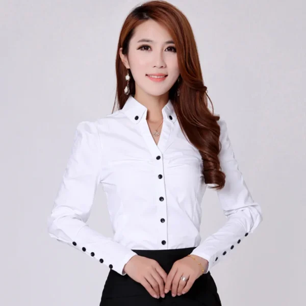 Spring And Autumn New Women'S Long Sleeve Work Suit White Shirt Korean V-Neck Professional Dress Temperament Versatile Shirt - Image 3