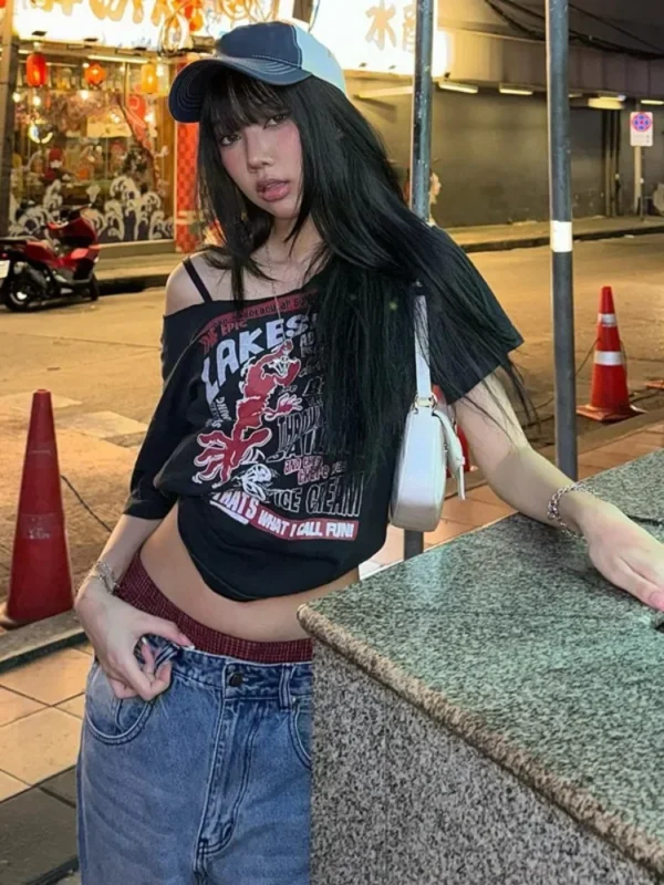 Gothic Tee Y2k Letter Print Off Shoulder Punk T-shirts Women Harajuku Summer Streetwear Grunge T Shirt Aesthetic Sexy Crop Tops - Image 5