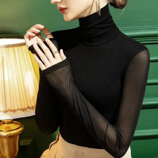 Women's Fashion New Mesh T-Shirt S-4XL Basic High-Neck Long Sleeve Shirt Women Slim Stretch Bottoming Tops Sexy Tees Ladies - Image 2