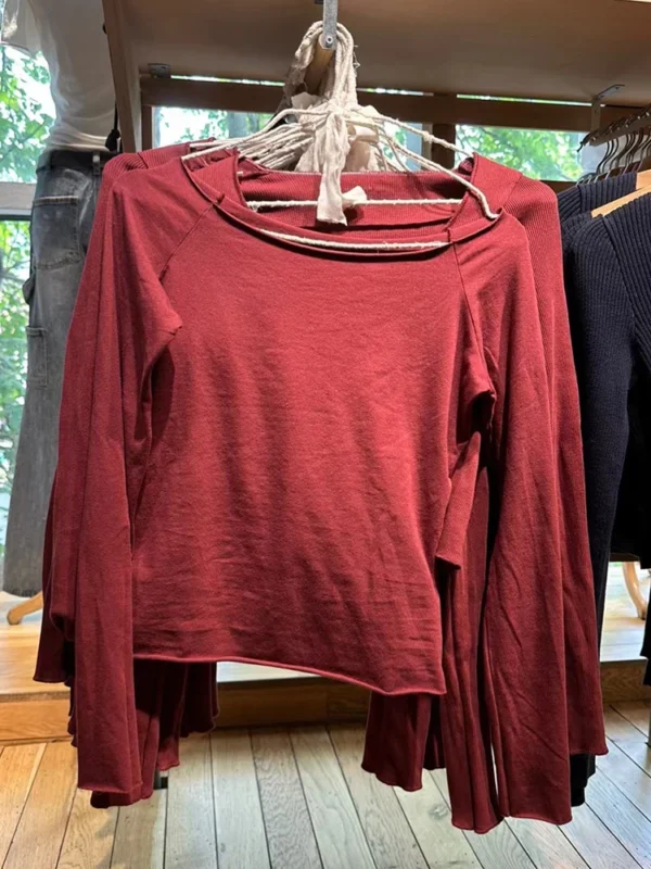 Vintage Solid Raw Trim T Shirt Women Autumn Sexy Slash Neck Cotton Long Sleeve Tees Chic Harajuku Streetwear Slim Crop Top Y2k - Image 3
