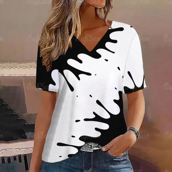 Gradient V Neck Short Sleeve T-Shirt Fashion Women T Shirt Print Basic Tops Streetwear Summer Oversized Clothing Female T-Shirts - Image 3