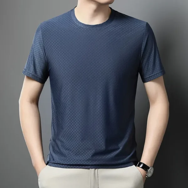 Breathable Bamboo Ice Silk T-Shirt Loose Cool Plaid Men's Short Sleeve Round Neck Outdoor Top Summer Soft Sweat-Absorbing Tee - Image 3
