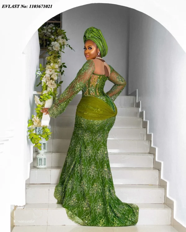 EVLAST Customized Asoebi Green Lace Evening Dress African Women Formal Long Sleeves Beaded Nigerian Party Dress Gala Gowns P174 - Image 3
