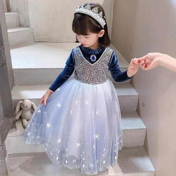 Girls' Spring 2025 New Velvet Elsa Frozen Princess Dress Kids Blue Cape 2 Piece Set Warm Dresses For Girl Party 3-9 Years Old ﻿ - Image 6