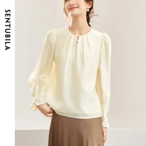 SENTUBILA Elegant Fashion Chiffon Blouses for Women 2024 Round Neck Shirt Long Puff Sleeve Loose Top Womens Clothing 141V53109