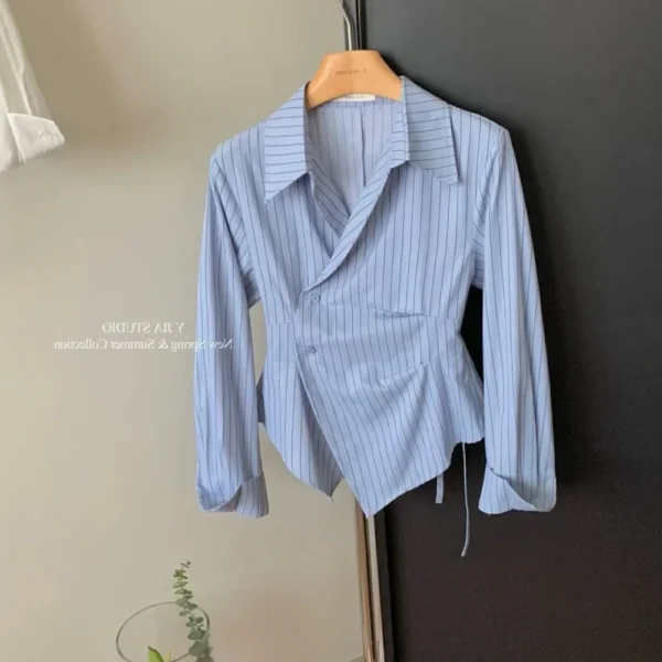 Plus Size Design Sensibility Irregular Waist-Fitted Slimming Striped Shirt Women's Elegant Lapel Long Sleeve Shirt 2024 New Mode - Image 5