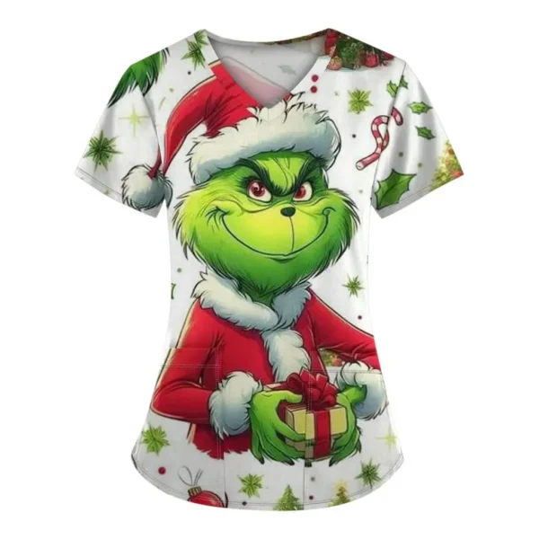Women's Work Uniforms Christmas Anime Print Cartoon V-neck Tops Nurse Work Clothes Medical Uniforms - Image 4