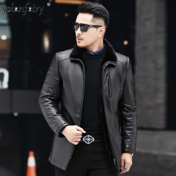 Genuine Leather Jacket for Men, Sheepskin Mink Fur Liner, Slim Wear Mid-Lapel Coat - Image 3