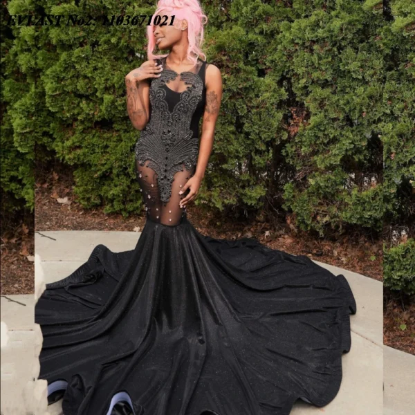 EVLAST Customized Aso Ebi Black Mermaid Prom Dress Diamonds Beading Black Women African Evening Dress Long Party Gown 2025 E2P90