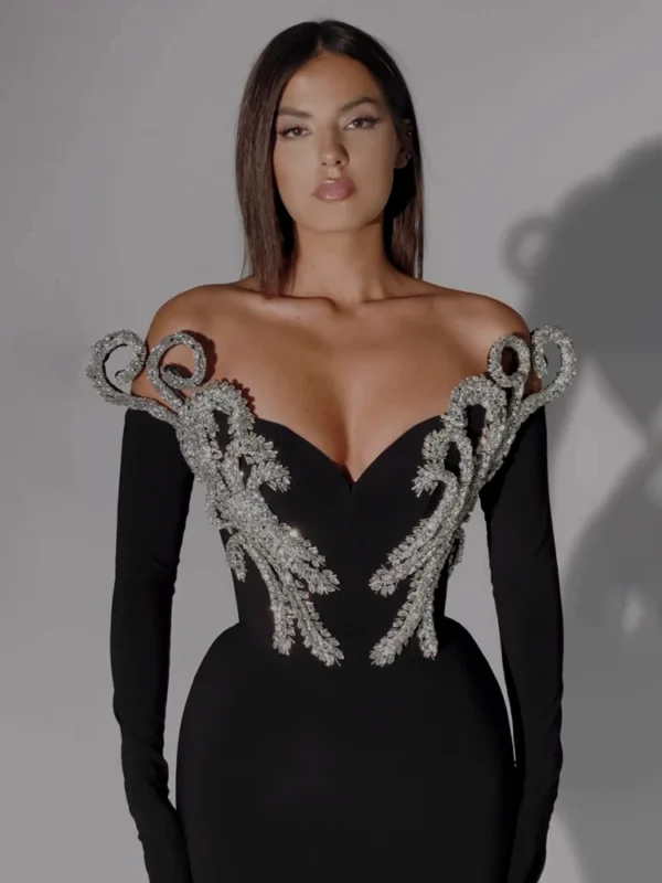 VC Women'S Elegant Party Dresses V Neck Crystal Design Black Velvet Maxi Long Luxury Gowns With Gloves Female Clothing - Image 3