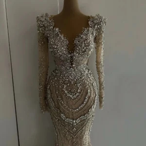 Heavy Handmade Crystals Evening Dresses Mermaid Long Sleeves Formal Occasion Dresses High Luxury Robes De Soirée Celebrity Dress