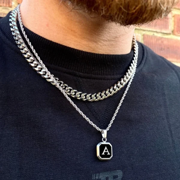 Vnox A-Z Initial Letters Men Necklaces, Geometric Pendant with Box Cuban Rope Chain, Stainless Steel Square Simple Collar - Image 2