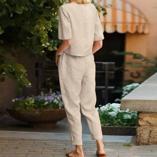 Women's Cotton Linen Suit Summer Matching Suit Half-sleeved Round Neck Tie Elastic Waist Trousers Wide-leg Pants Retro Suit 2024 - Image 5