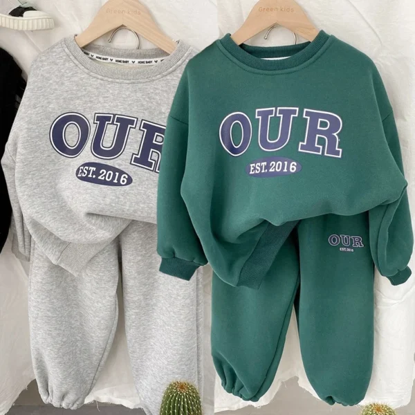 Spring Autumn Warm Boys Clothing Set Letter OUR Lined With Velvet Shirt+Pants 2Pcs Suit For Kids Children Outdoor Sports Suit