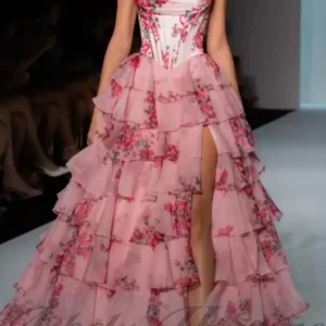 Customized Elegant Print Women Wedding Party Prom Dress Sweetheart Tiered Skir High Slit Occasion Wear Formal Evening Dress 2025