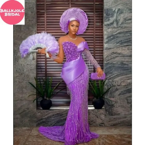 Luxury Beaded Aso Ebi Style Purple Mermaid Prom Dress with Appliques Evening Gown for Nigerian African Women Formal Party Wear