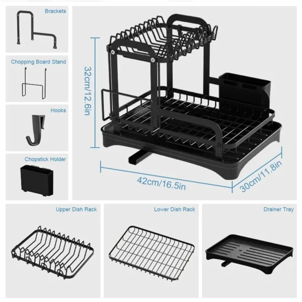 2 Tier Dish Bowl Drainer Storage Rack Kitchen Dish Drying Rack with Drain Basket Countertop Dinnerware Organizer Drainboard - Image 6