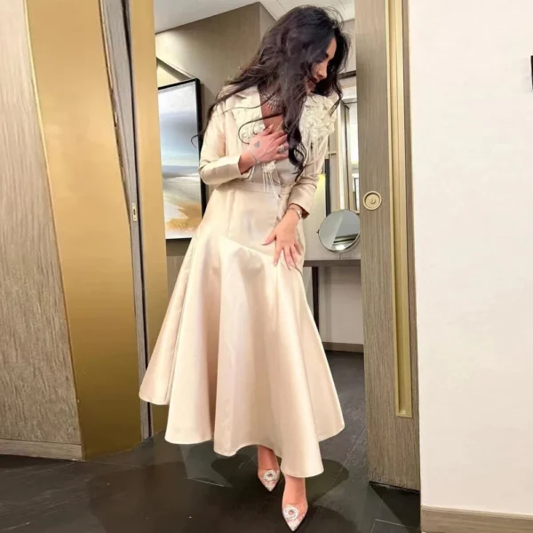 Modest Beige Ankle Length Women Maxi Dresses 3D Flower Full Sleeves Muslim Gowns Women Engagement Party Dresses